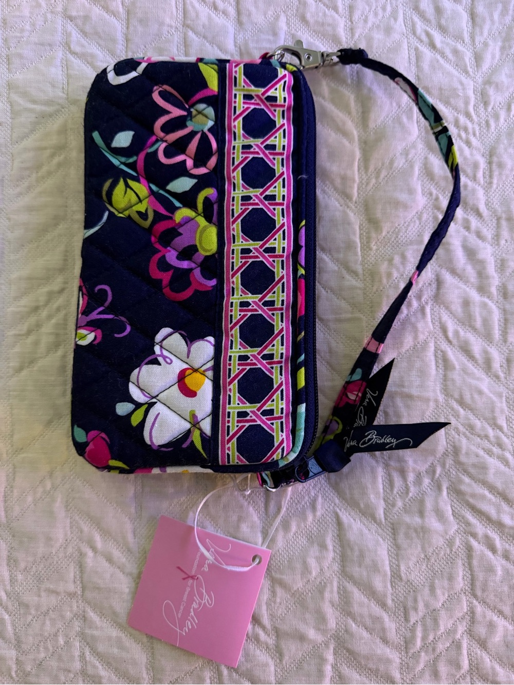 Vera Bradley Navy Quilted Floral Wristlet with Pink & Lime Accents